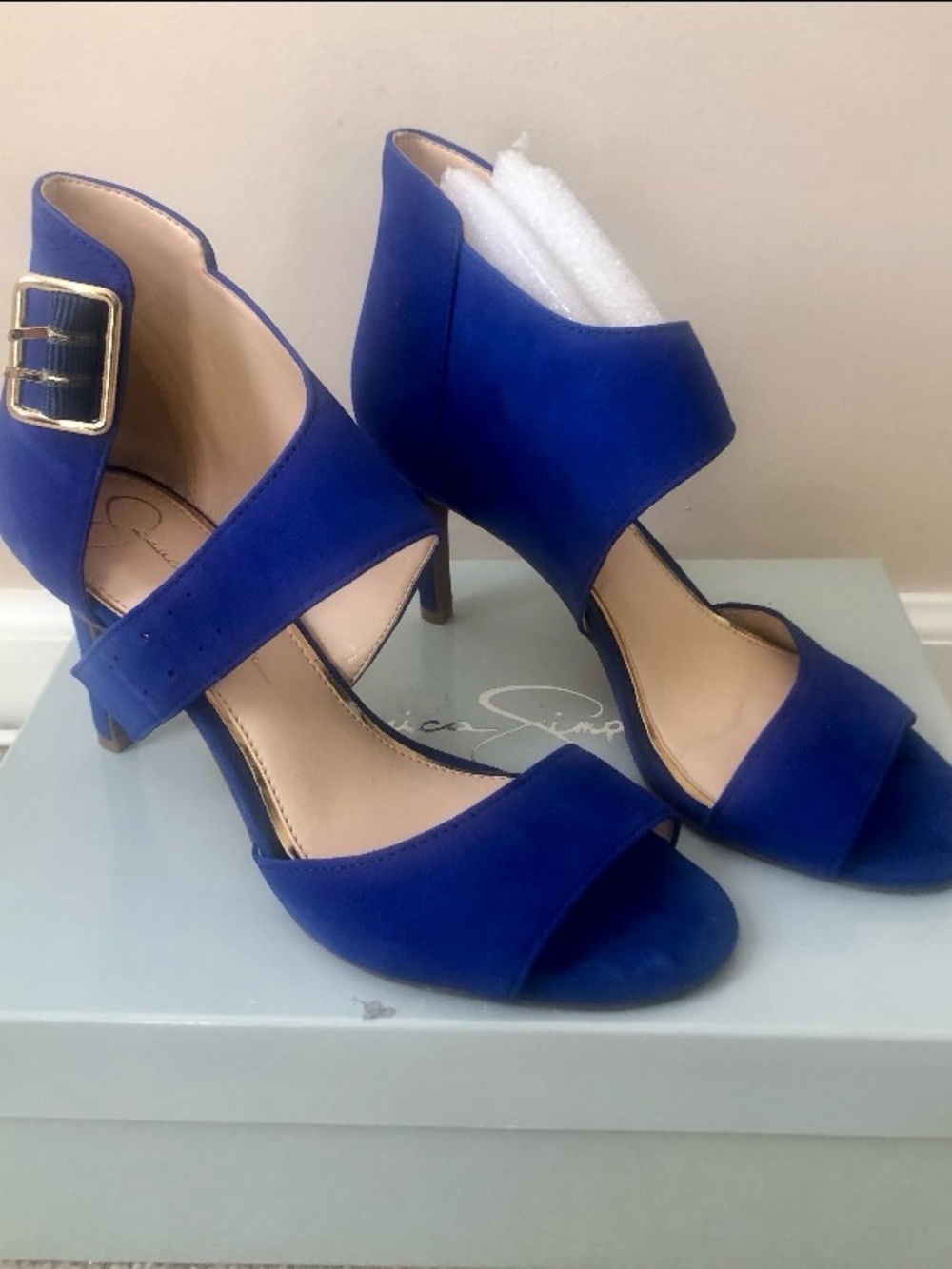 Jessica Simpson Royal Blue Suede Open-Toe Buckle Heels